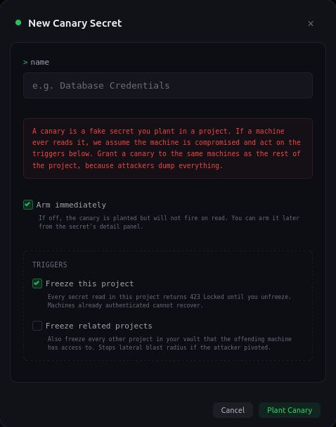 SikkerKey canary secret configuration with project freeze and related-project freeze toggles