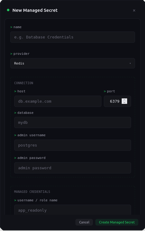 SikkerKey managed secret creation modal with PostgreSQL provider, connection details, managed credentials, and rotation schedule