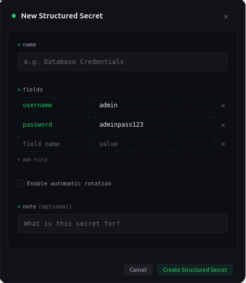 SikkerKey structured secret creation modal with database host, username, and password fields