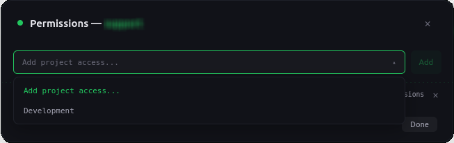 SikkerKey permissions modal showing the project access dropdown to add a team member to specific projects