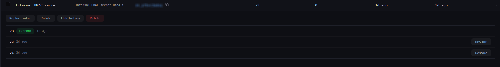 SikkerKey version history showing v3 current with restore buttons for previous versions v2 and v1