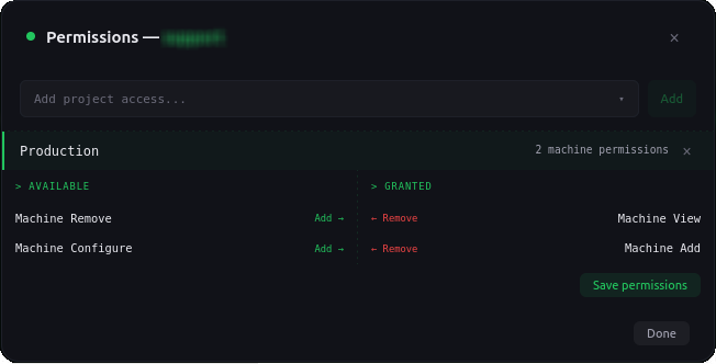 SikkerKey permissions modal showing Available and Granted machine permissions for a team member on the Production project