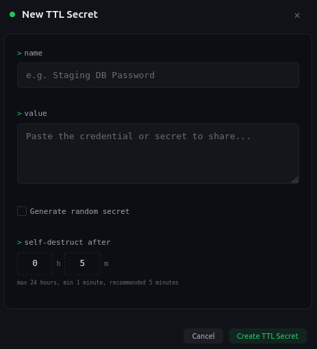 SikkerKey temporary secret creation showing value input, expiry timer, and one-time share link with passphrase